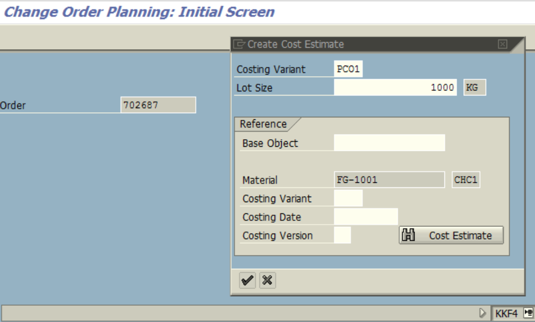 Figure 2.2 KKF4 – Order Planning screen, Costing Variant and Lot Size are entered for the given order 702687.