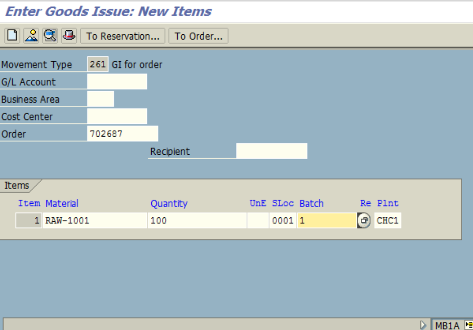 Figure 3.2 MB1A – Goods Issue detail screen, Material number, quantity and batch are entered