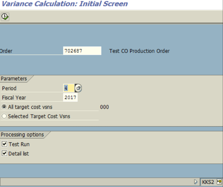 Figure 7.1 KKS2 – Variance calculation for order. Order, Year, Period are entered.